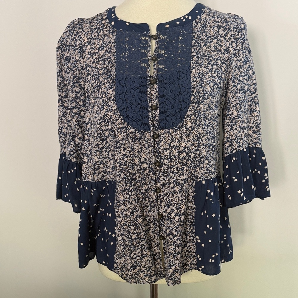 Anthropologie Navy and White Mixed-Print Crochet Yoke Blouse